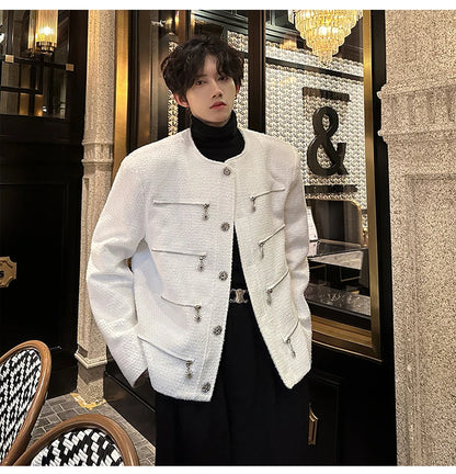 multi zipper sequin woolen jacket men french retro fashionable casual christmas jacket spring autumn coat stage show clothing unique default style 1454
