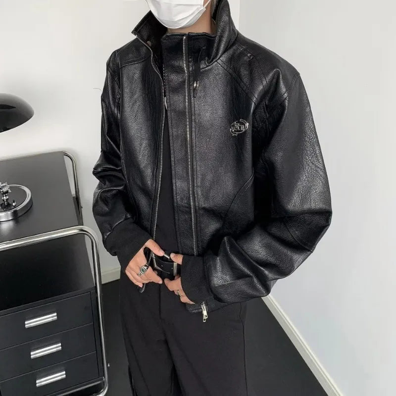 punk leather jacket mens spring standing collar trendy high street coats y2k streetwear hip hop motorcycle outwear 2024 new unique default style 2248