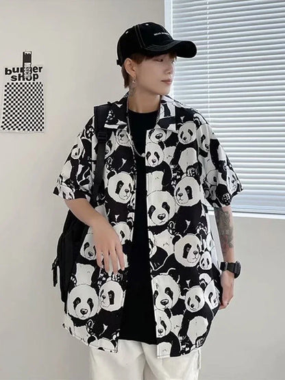 Streetwear Summer Panda Printed Shirts For Men Casual Loose Short Sleeved Camisas Summer Panda Printed Shirts For Men Casual Loose Short Sleeved Camisas Couples Streetwear Fashion Tee Shirt Luxury Social Shirt Fashion Sweater Jacket With Graphic Design For Men