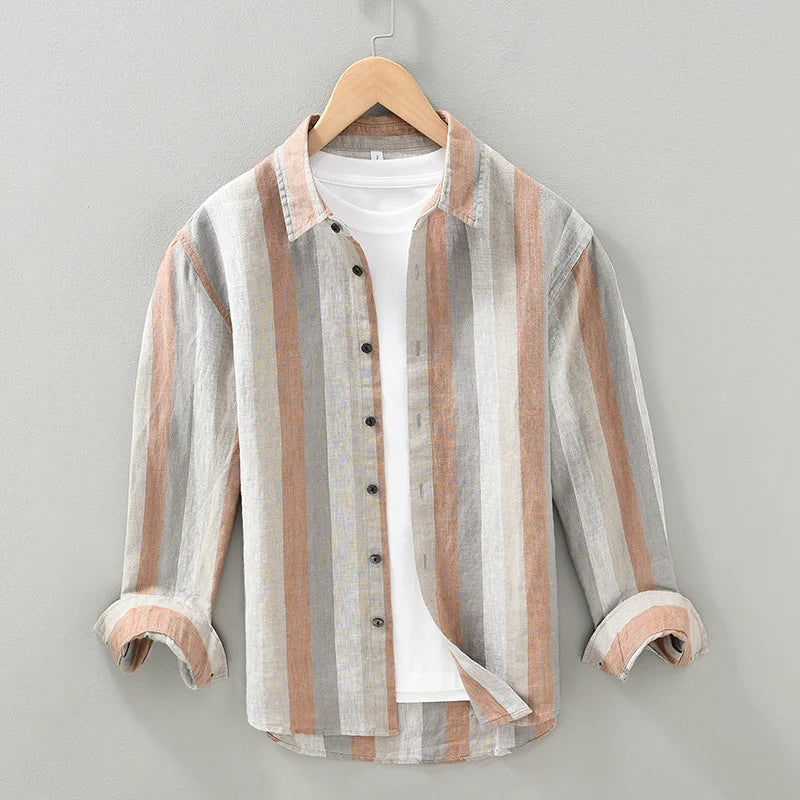 Linen Vertical Striped Long-Sleeved Shirt Men's Summer Thin Breathable Three-Quarter Sleeve Cotton And Linen Artistic Shirt Street King Limited
