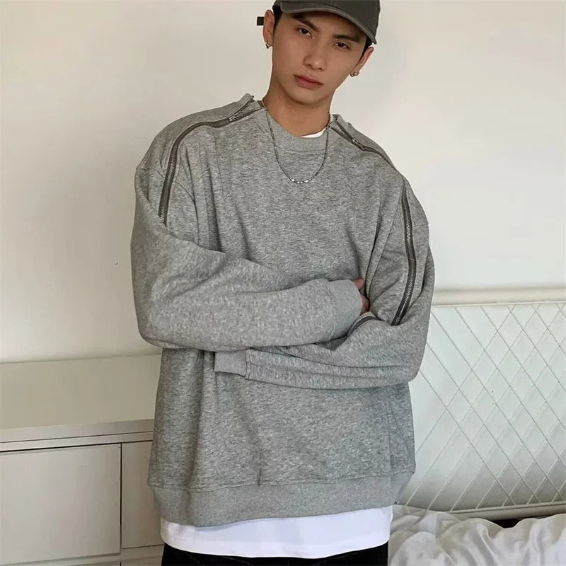 New Retro Zipper Design O-neck Sweatshirts For Men Autumn Y2K Streetwear Gray Pullover Hoodies Loose Hip Hop Fashion Sweat-shirt Street King Limited