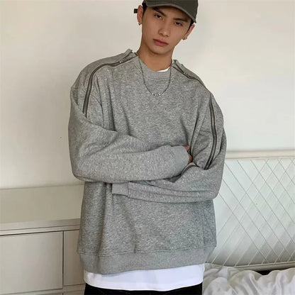 New Retro Zipper Design O-neck Sweatshirts For Men Autumn Y2K Streetwear Gray Pullover Hoodies Loose Hip Hop Fashion Sweat-shirt Street King Limited