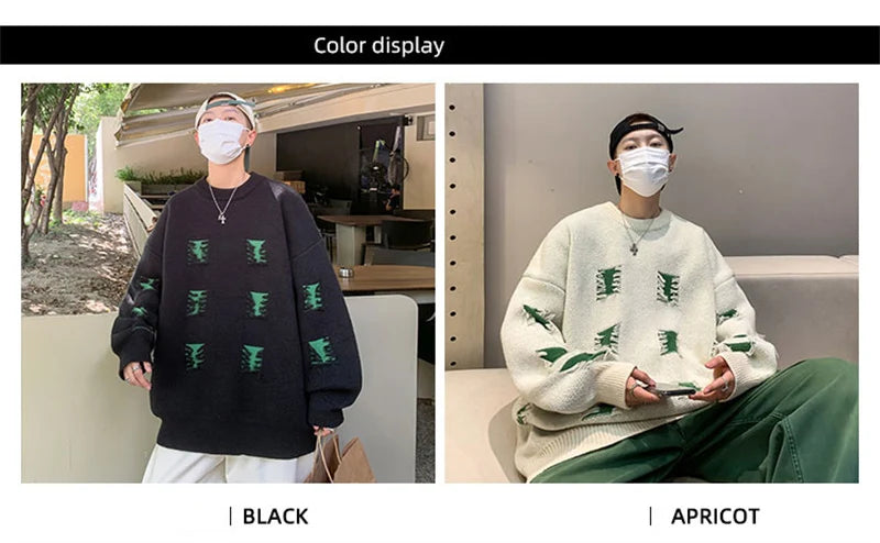 2025 New Ripped Design Crewneck Sweater For Men High Street Patchwork Knitted Jumpers Y2K Vintage Christmas Knitwear Pullovers Street King Limited