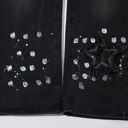 Men Black Jeans Five-Pointed Star Splashing Ink Design Denim Trousers American Retro Street Punk Wide Leg Straight Pants Unisex Street King Limited