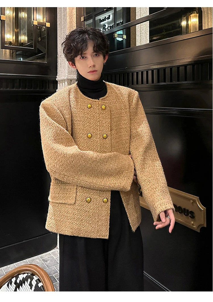 men double breasted french retro loose casual woolen short jacket man korean streetwear show fashion coat autumn outerwear unique shorts style 1315