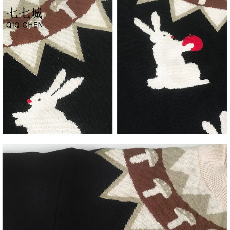 Japanese Knitted Sweater Women Men Cartoon Rabbit Pullover Jumpers Streetwear Hip Hop O-neck Loose Knitwear Sweater Tops Unisex Street King Limited