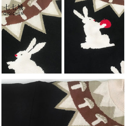 Japanese Knitted Sweater Women Men Cartoon Rabbit Pullover Jumpers Streetwear Hip Hop O-neck Loose Knitwear Sweater Tops Unisex Street King Limited