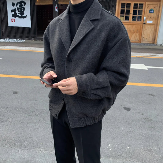 2024 loose casual mens solid color jacket fashion daily commuting windproof short woolen coat thickened warm techwear shorts