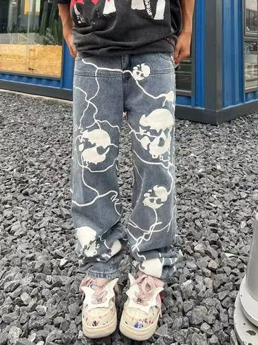 fashion lightning skull printed denim jeans mens unisex casual zipper straight jeans streetwear hip hop y2k jean pants joggers unique joggers style 5187