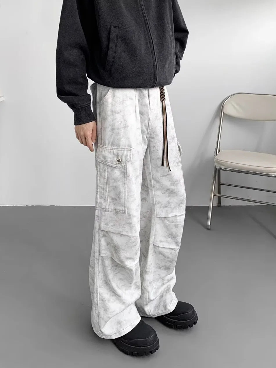 American Tie Dye Cargo Pants Mens Autumn Vintage High Street Straight Leg Trousers Casual Multi Pocket Loose Overalls Male Street King Limited