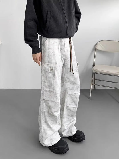 American Tie Dye Cargo Pants Mens Autumn Vintage High Street Straight Leg Trousers Casual Multi Pocket Loose Overalls Male Street King Limited