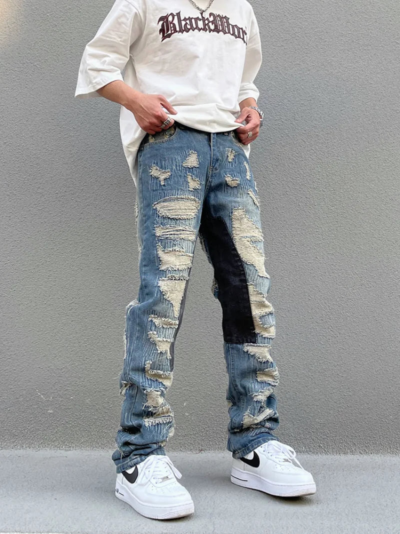 destroy ripped scratched patchwork denim jeans mens casual straight biker zipper trousers streetwear hip hop jean pants joggers relaxed fit joggers