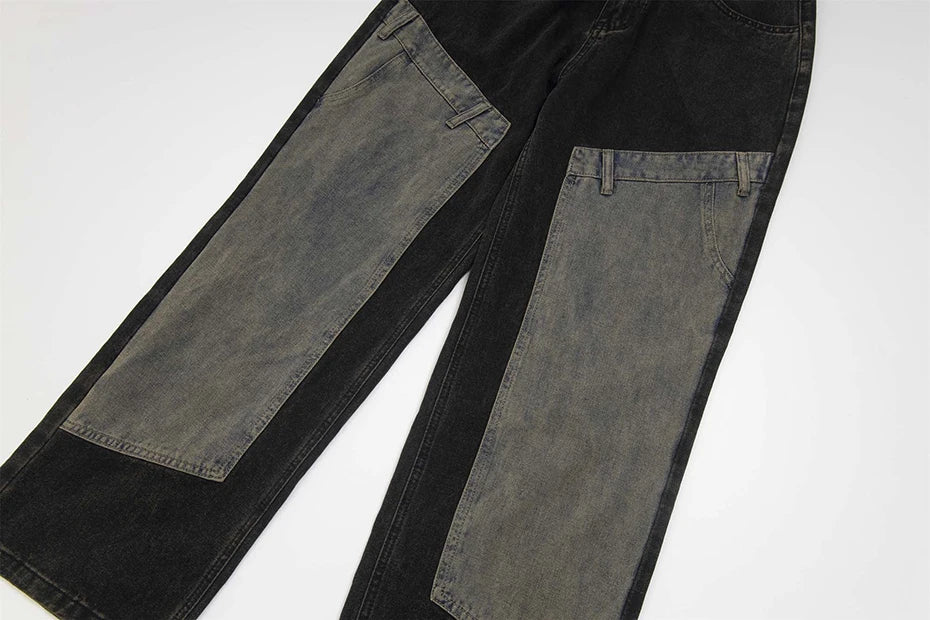vintage black mens jeans patchwork hip hop baggy jeans man streetwear harajuku loose straight denim pants unique jeans style 4199