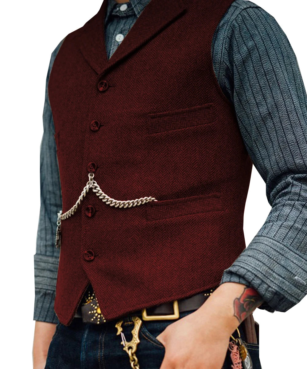 Business Mens Suit Vest Lapel V Neck Wool Herringbone Casual Brown Waistcoat Casual Formal Groomsman Jacket For Wedding Street King Limited