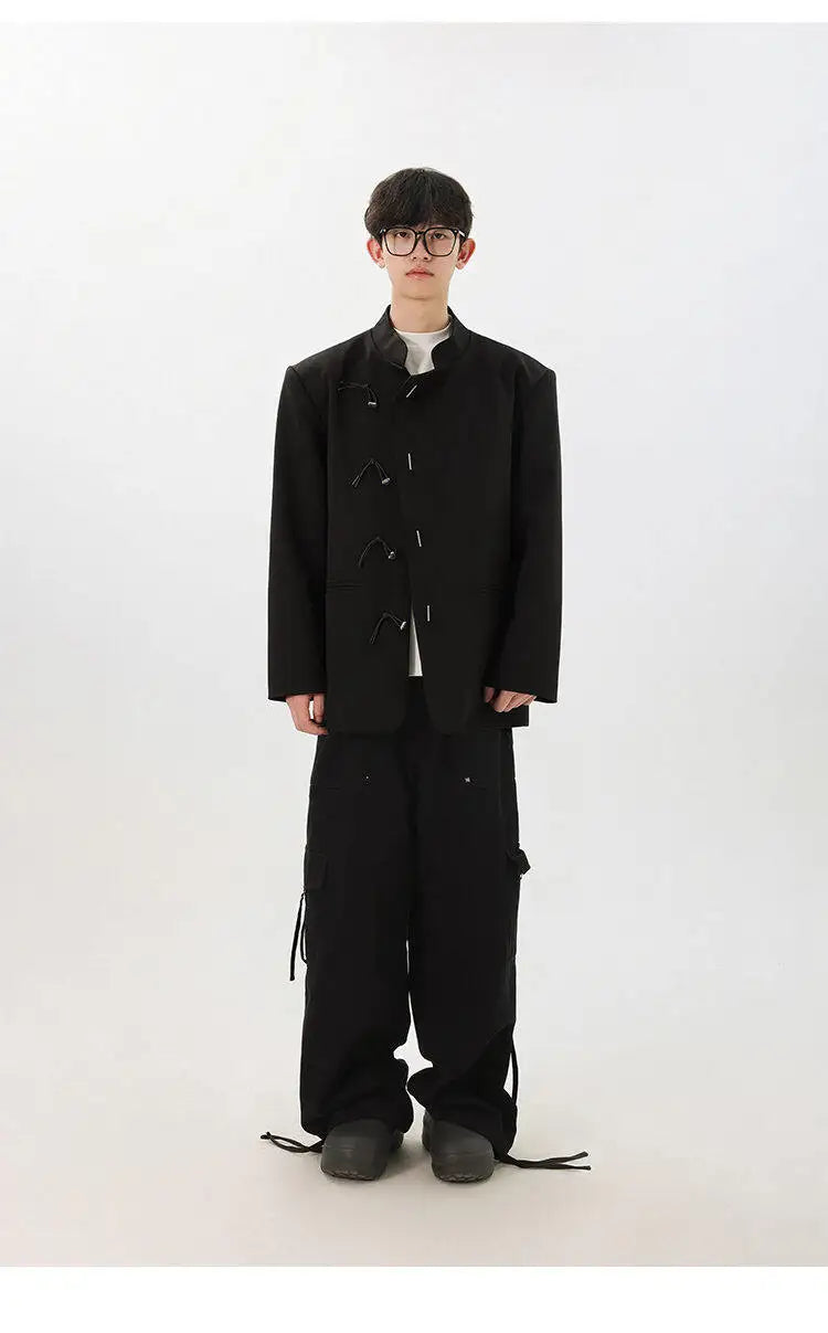 men fashion streetwear vintage stand collar loose casual black suit blazer jacket couple spring autumn coat outerwear unique default style 800