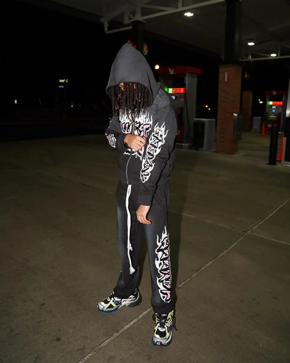 American Gothic Trendy Gothic Letters Printed Oversized Sweatshirt Set Men's Fashion Casual Loose Pants Zippered Sweatshirt Street King Limited