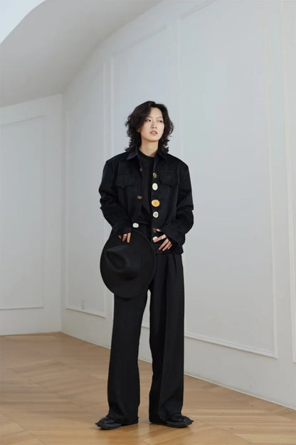 2024 new harajuku mens jacket multi button irregular black fashionable coats multiple pockets loose couple trend outwear y2k unique default style 3592