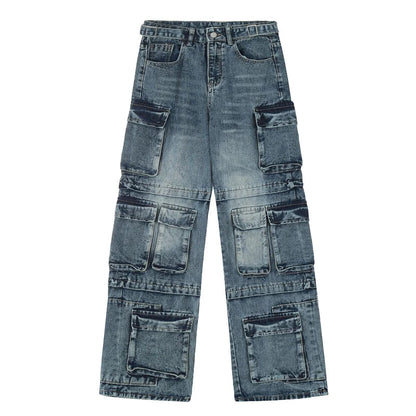 vintage multi pocket jeans mens harajuku cargo denim pants retro hip hop straight loose jean pants men clothing multi-pocket cargos
