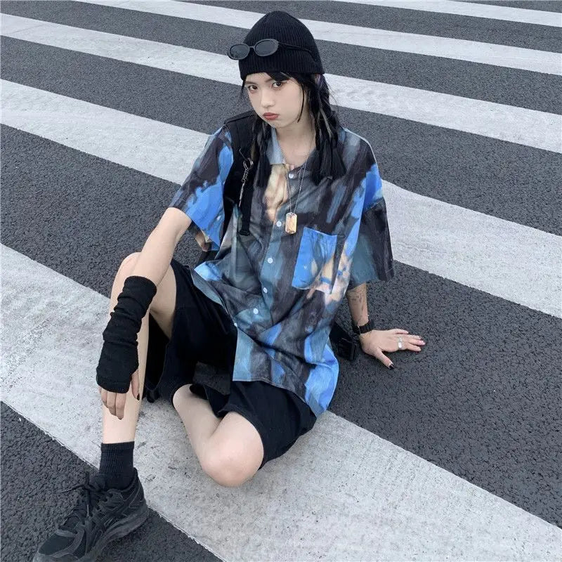 Korean style shirts for men and women 2024 new summer design niche retro tie-dye shirts loose short-sleeved tops trendy y2k tops Street King Limited