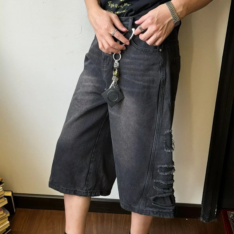 mens hip hop washed denim shorts broken hole folds burr edge street punk cowboy middle pants pockets bomber quarter pants y2k denim street jeans