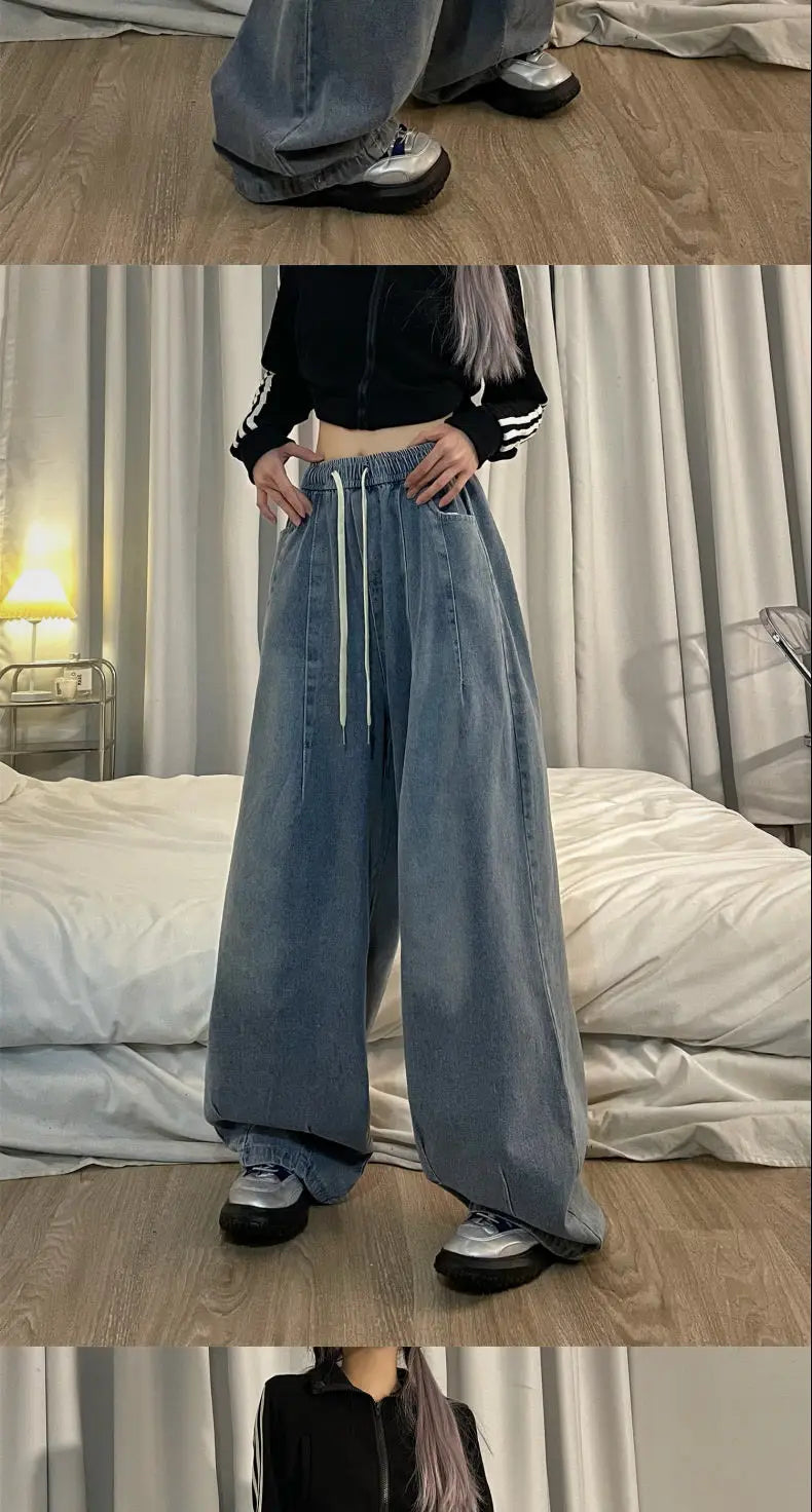 american retro trend personalized elastic band straight leg jeans for men and women loose and wide leg floor length casual pants unique jeans style 4537