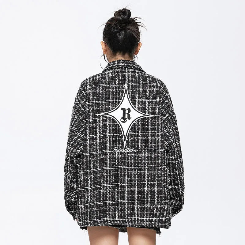 High Street Back Colorblock Patch Letter Graphic Plaid Jackets for Men Autumn Fashion Lapel Button Jacket Coat Oversized Unisex Street King Limited