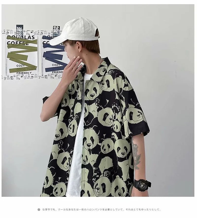 Streetwear Summer Panda Printed Shirts For Men Casual Loose Short Sleeved Camisas Summer Panda Printed Shirts For Men Casual Loose Short Sleeved Camisas Couples Streetwear Fashion Tee Shirt Luxury Social Shirt Fashion Sweater Jacket With Graphic Design For Men