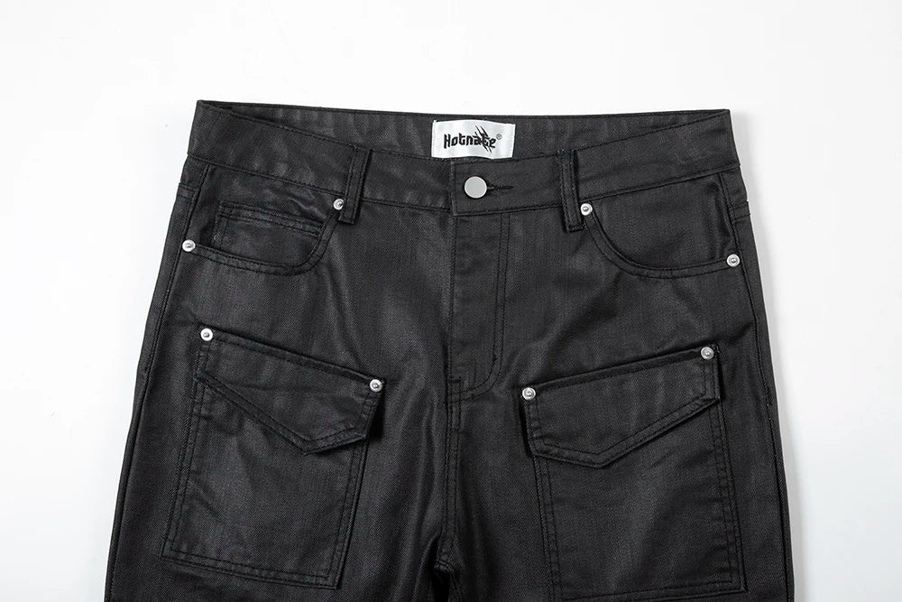 Y2k Front Pocket Wax Pu Leather Pants for Men Straight Slim Casual Overall Ropa Hombre High Street Loose Cargos Oversized Street King Limited