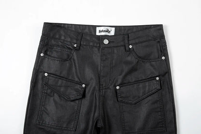 Y2k Front Pocket Wax Pu Leather Pants for Men Straight Slim Casual Overall Ropa Hombre High Street Loose Cargos Oversized Street King Limited