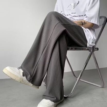 summer texture straight pants for men korean fashion baggy wide leg trousers casual drape pleated striped y2k pantalones hombre menswear bottoms