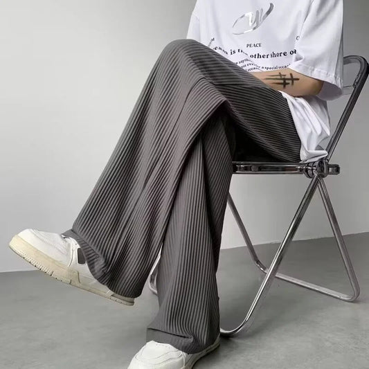summer texture straight pants for men korean fashion baggy wide leg trousers casual drape pleated striped y2k pantalones hombre menswear bottoms