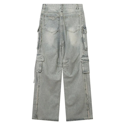 Men Y2K Baggy Jeans Multi Pocket Distressed Ripped Straight Cargo Denim Pants Harajuku Casual Trousers Hip Hop Retro Streetwear Street King Limited