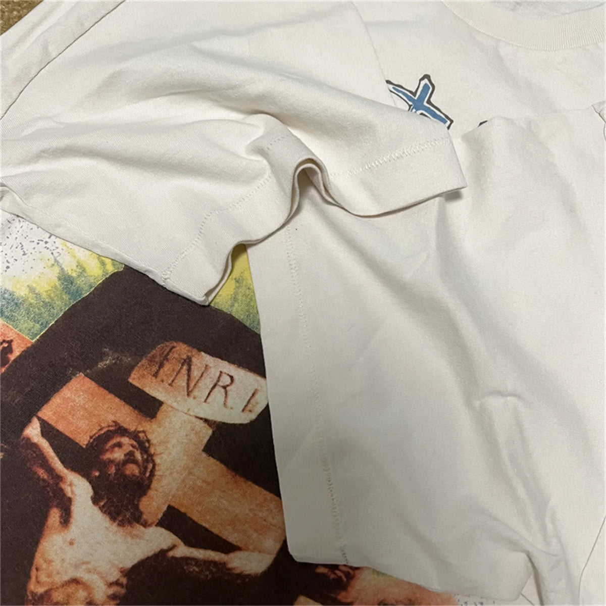 24SS New Vintage Retro Cross Printing Washed Distressed Short Sleeves T-Shirt Tops Street King Limited