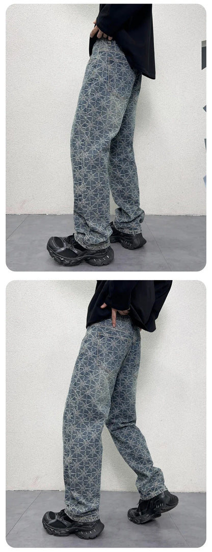 men jacquard streetwear hip hop vibe casual straight denim jeans pants boyfriend high street ripped jeans trousers unique jeans style 3025