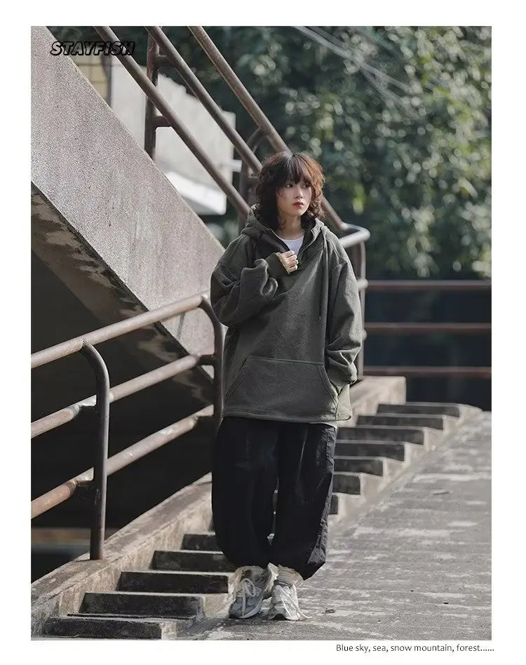 Men Women Winter Fleece Hoodies Korean Style Half Zipper Harajuku Hip Hop Hooded Sweatshirt Street Oversized Couple Pullovers Street King Limited