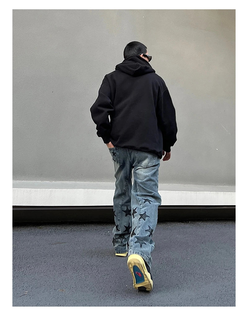 mens high street stars embroidery denim jean pants casual loose straight jeans hip hop y2k unisex pants streetwear joggers unique joggers style 2922