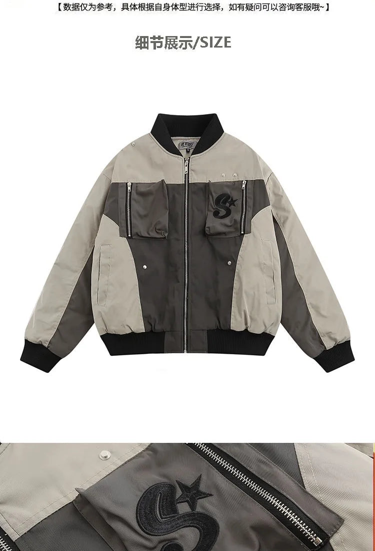 multi pocket bomber jacket men vintage loose varsity coat fashion korean patchwork baseball pilot outerwear unisex spring autumn unique default style 3729