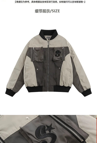 multi pocket bomber jacket men vintage loose varsity coat fashion korean patchwork baseball pilot outerwear unisex spring autumn unique default style 3729