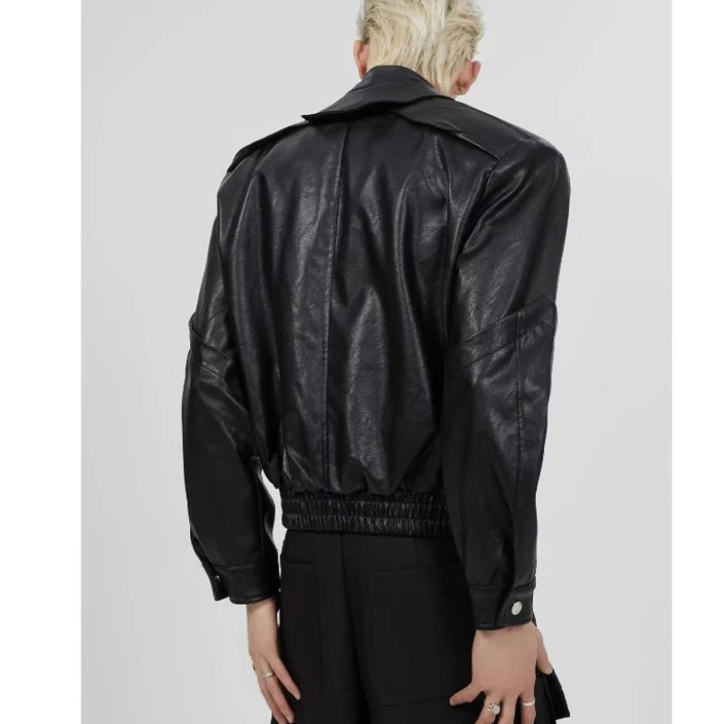 short pu leather jacket men shoulder pad stand collar trend bomber outwear 2023 korean streetwear zipper unisex motorcycle coat unique shorts style 2317