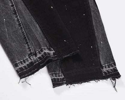 patchwork graffiti black straight denim pants mens vintage patches stitching ink splashed jeans y2k logging cargo pants for male unique cargo style 459