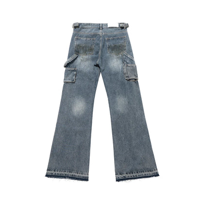 Streetwear Handmade Mud Dyed Dirty Blue Baggy Jeans for Men Distressed Hole Casual Patchwork Denim Trousers Oversized Street King Limited