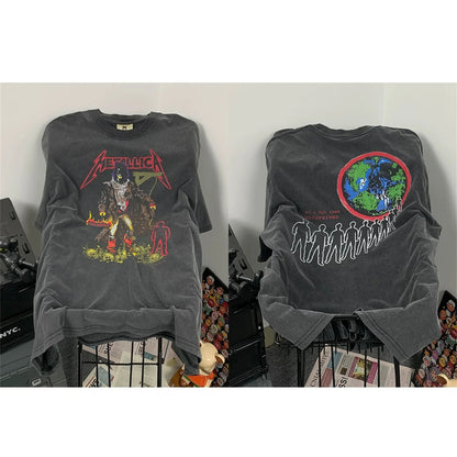Retro Vintage Metal Rock Band T-Shirt Portrait High-Street Washed Distressed Cotton Tops T-Shirt For Summer Street King Limited