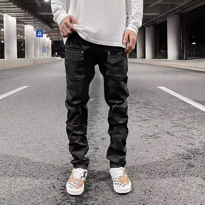 Y2k Front Pocket Wax Pu Leather Pants for Men Straight Slim Casual Overall Ropa Hombre High Street Loose Cargos Oversized Street King Limited