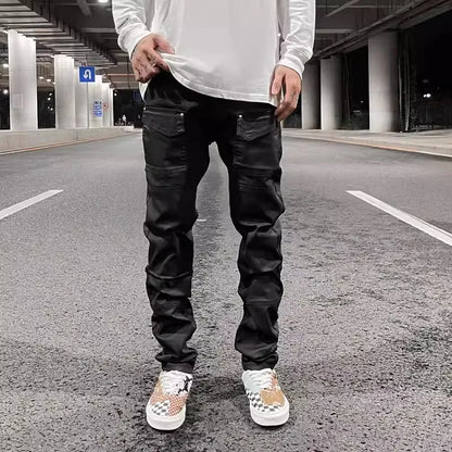 Y2k Front Pocket Wax Pu Leather Pants for Men Straight Slim Casual Overall Ropa Hombre High Street Loose Cargos Oversized Street King Limited