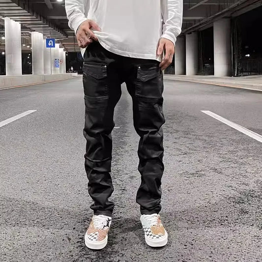 Y2k Front Pocket Wax Pu Leather Pants for Men Straight Slim Casual Overall Ropa Hombre High Street Loose Cargos Oversized Street King Limited
