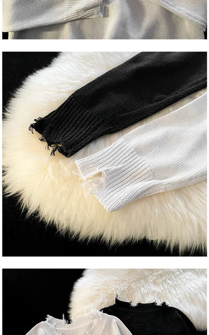 Men White Pullover Sweaters Ripped Harajuku Chic Couple O-neck Knitwear Casual Minimalist Long Sleeve Jumpers Homme Handsome Top Street King Limited
