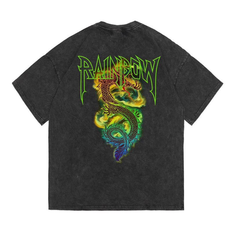 Rainbowtouches Washed Men's T Shirt Vintage Oversized Unisex Dragon Print Design High Street Graphic Fashion Loose Mens T Shirts Street King Limited