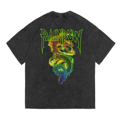 Rainbowtouches Washed Men's T Shirt Vintage Oversized Unisex Dragon Print Design High Street Graphic Fashion Loose Mens T Shirts Street King Limited