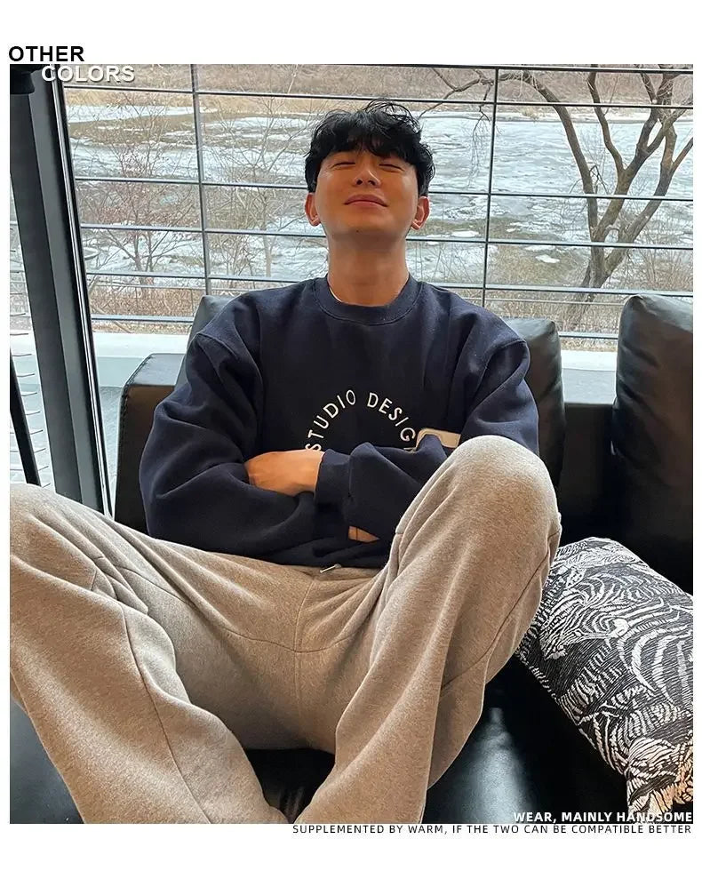 Cotton 2024 autumn and winter Korean style round neck sweatshirt men trendy brand handsome ins loose letter print top jacket emo Street King Limited