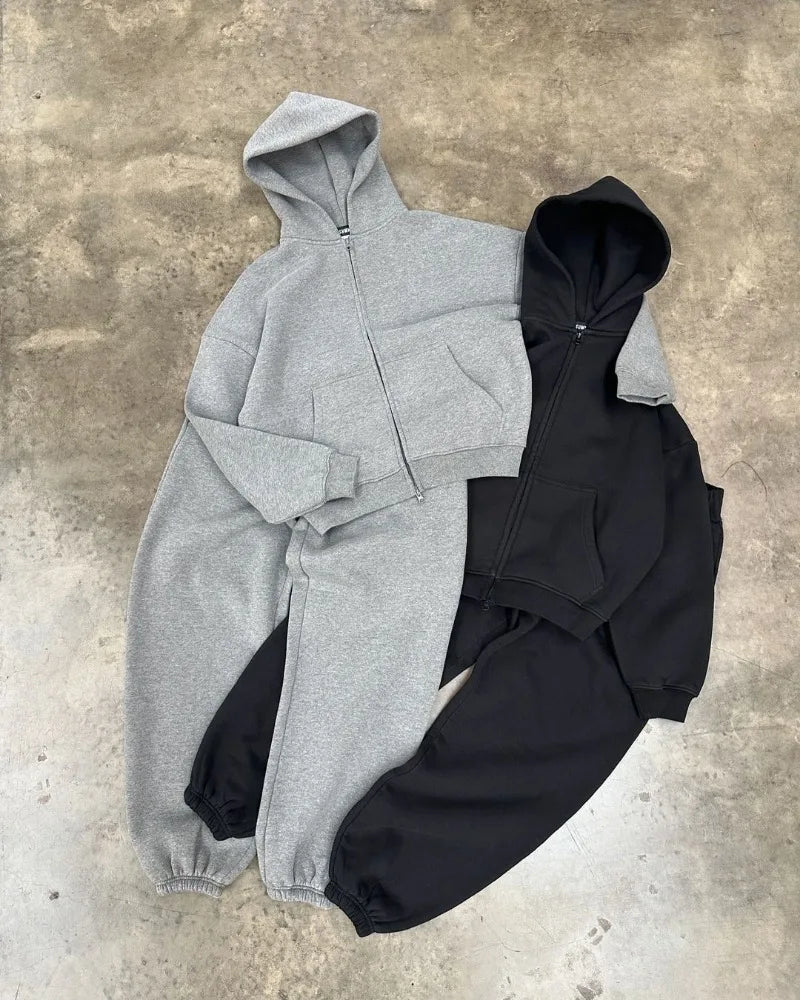 American High Street Fashion Casual Hoodie Men Y2k Harajuku Retro Solid Color Zipper Sweatshirt Loose Oversized Coat Women Street King Limited